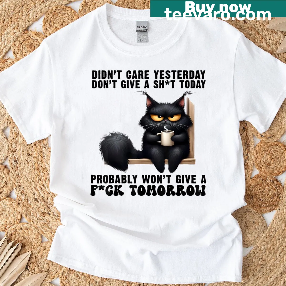 Funny cat-themed t-shirt with text about black cats' attitude. — on a men's t-shirt