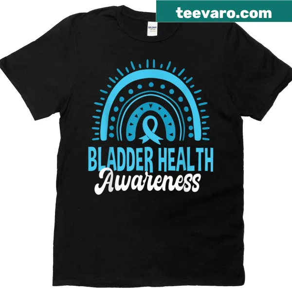 Boho rainbow and blue ribbon graphic T-shirt promoting bladder health