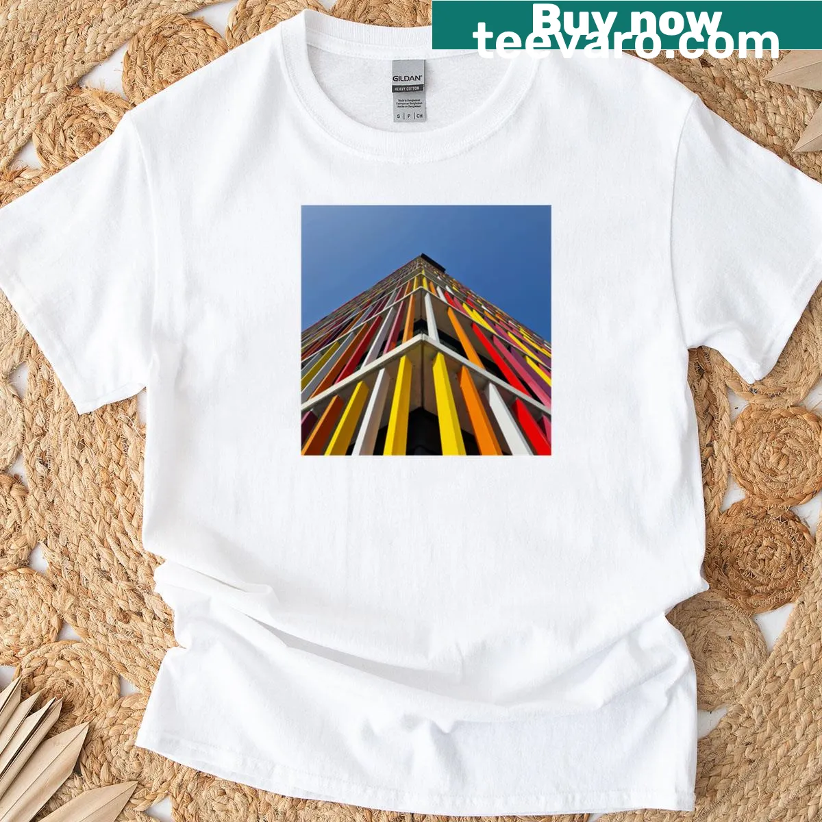 Graphic of Budapest office building on a minimalist T-shirt — on a men's t-shirt