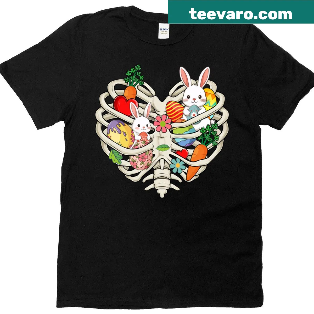 Cute heart-shaped X-ray design with bunnies and Easter eggs — on a men's t-shirt