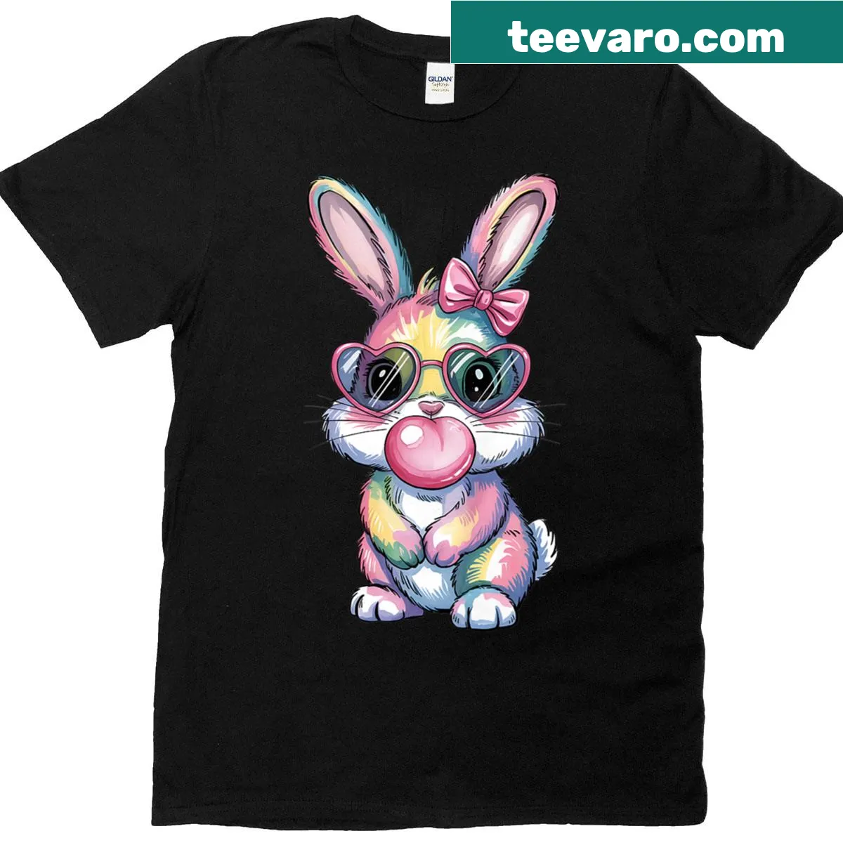 Cute Easter T-shirt featuring a cartoon bunny blowing gum — on a men's t-shirt
