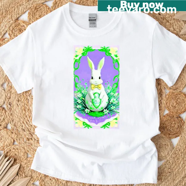 Easter T-shirt with an illustration of a bunny and floral designs.