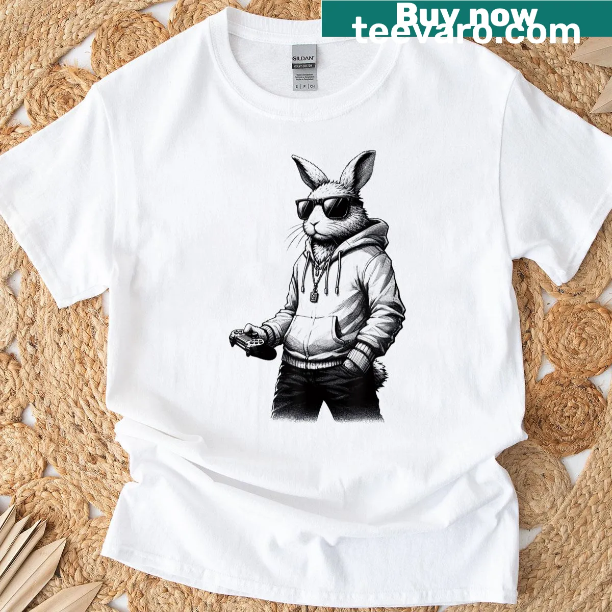 Cartoon bunny face wearing sunglasses for Easter — on a men's t-shirt