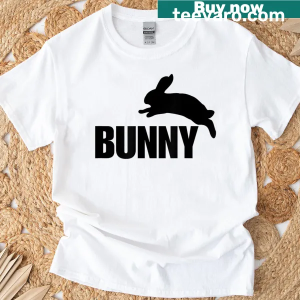 Stylized bunny logo graphic on a t-shirt