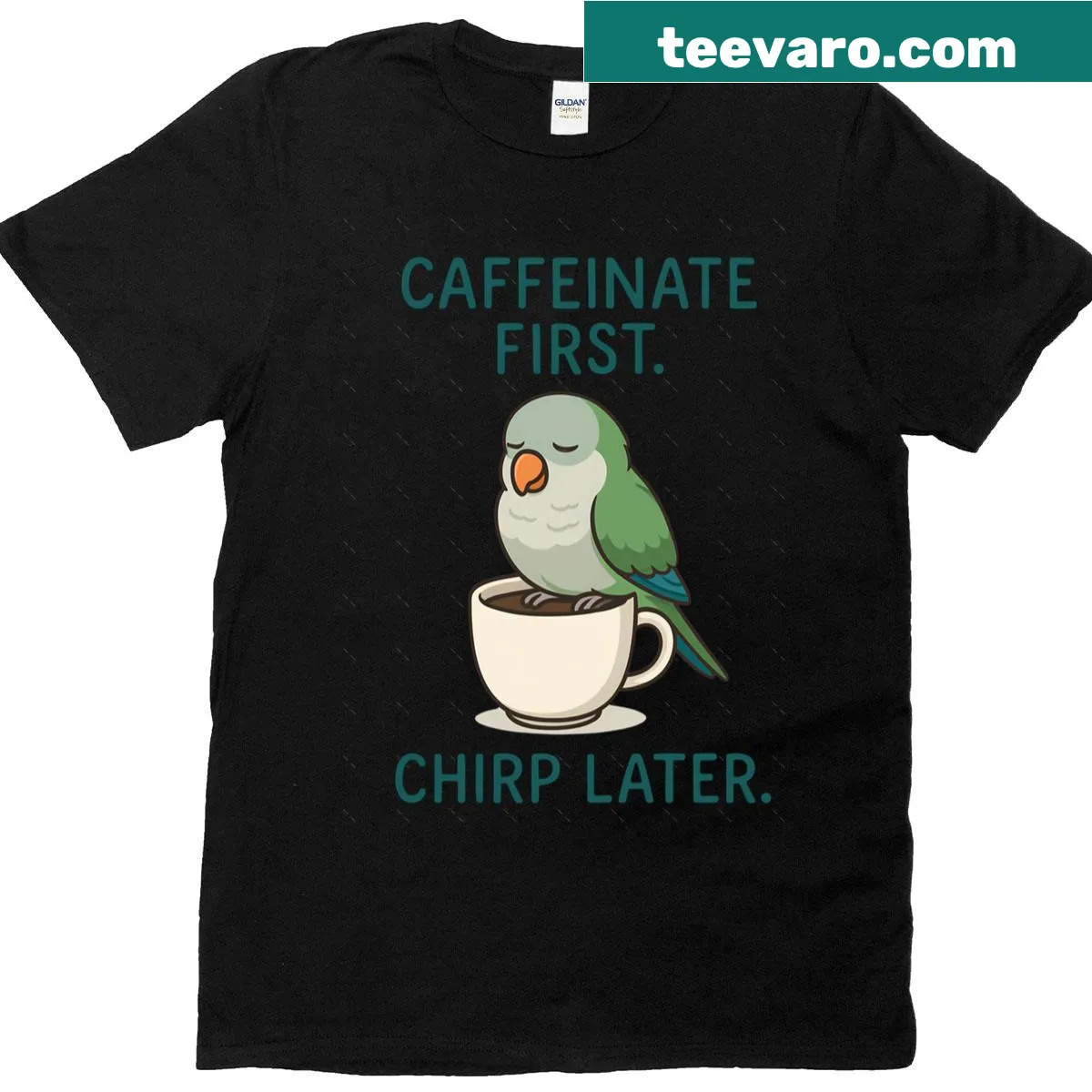Funny coffee lover t-shirt with Quaker parrot design — on a men's t-shirt