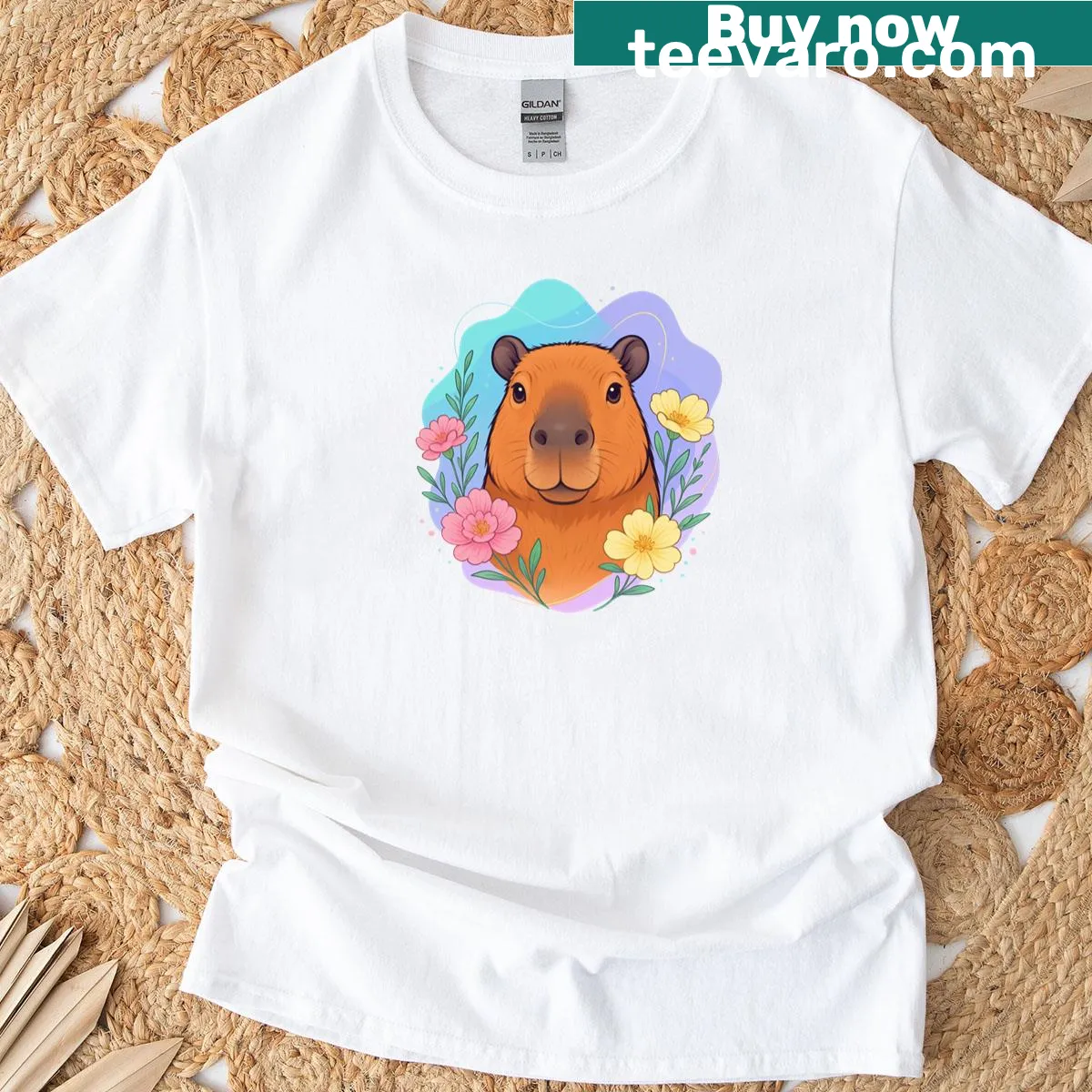 Cuddly capybara surrounded by blooming flowers on a t-shirt — on a men's t-shirt