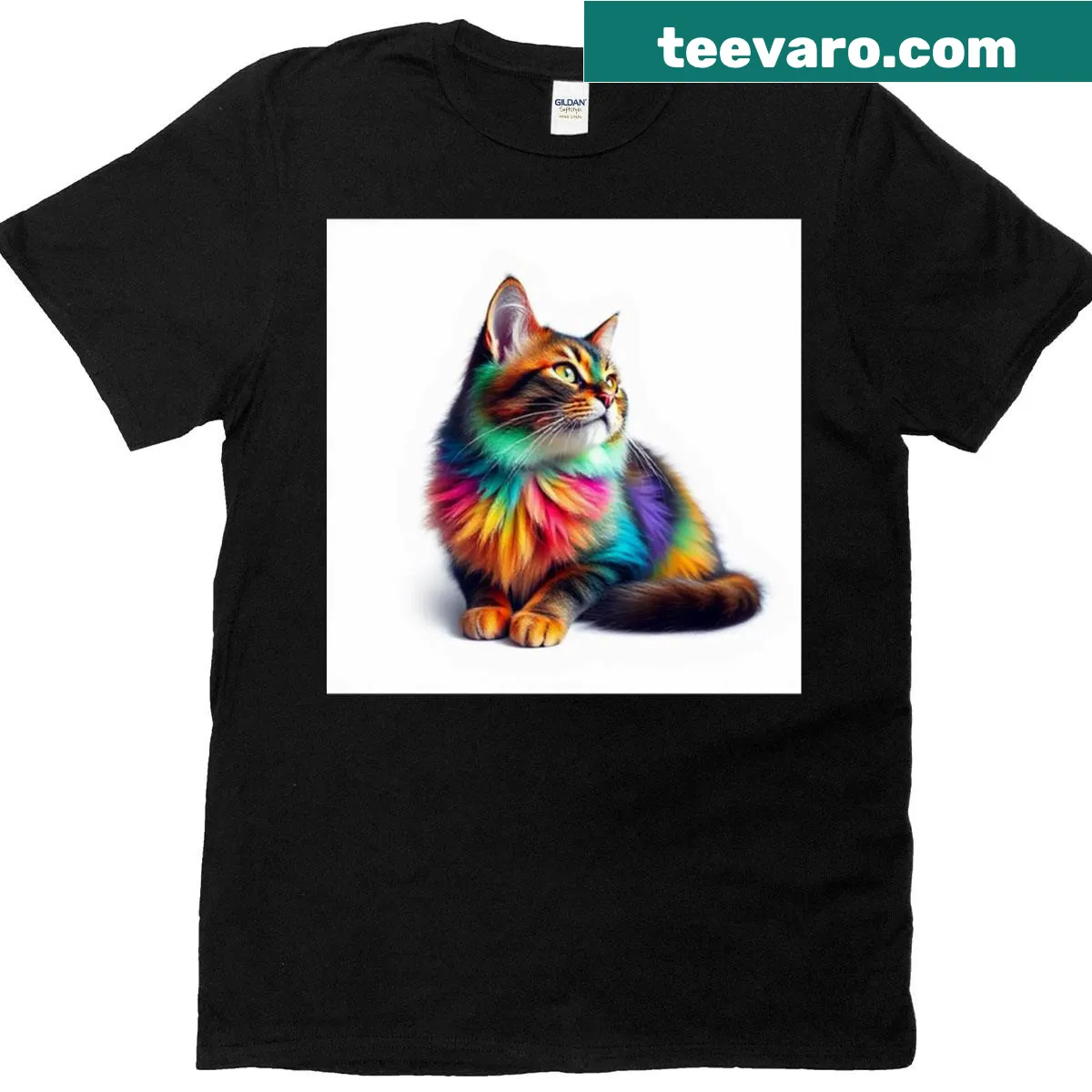 Oversized T-shirt with a colorful rainbow design featuring playful cats — on a men's t-shirt
