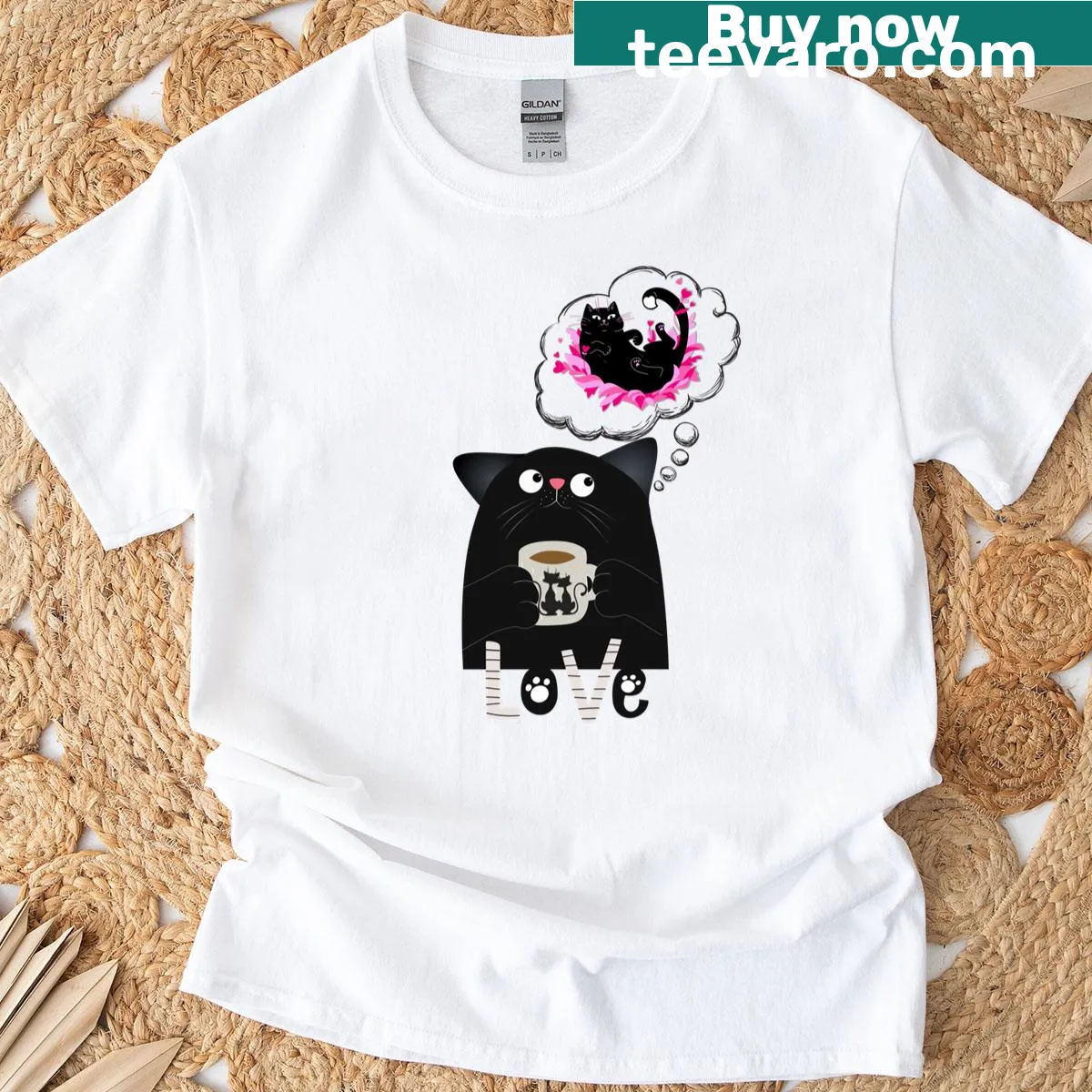 Cute cat graphic sipping coffee and thinking about love — on a men's t-shirt