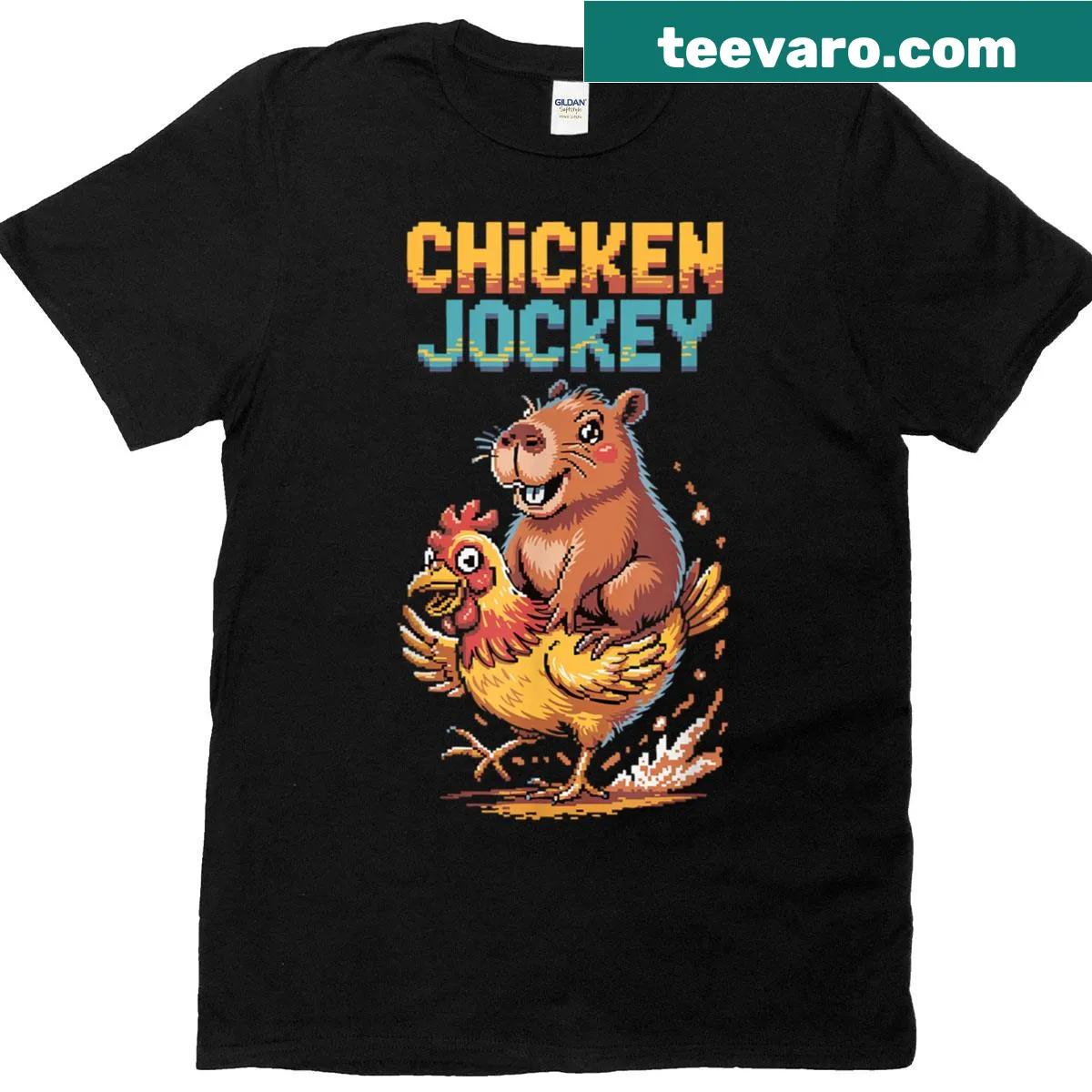 Funny pixel art T-shirt with chicken jockey and capybara design — on a men's t-shirt