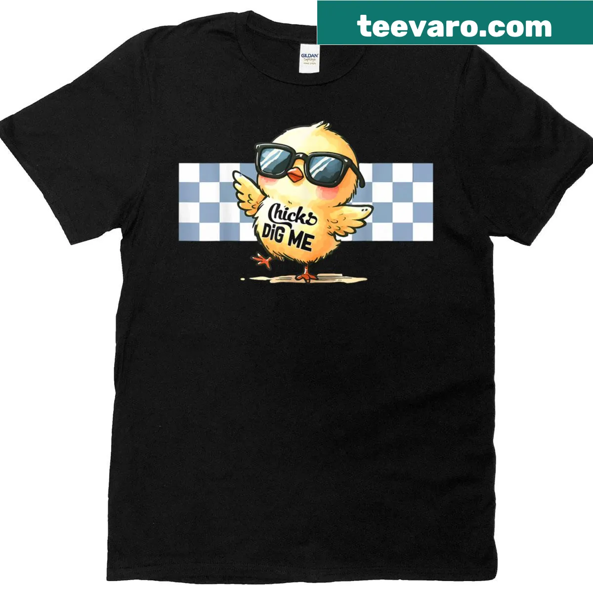 Humorous 'Chicks Dig Me' text and Easter graphics on t-shirt — on a men's t-shirt