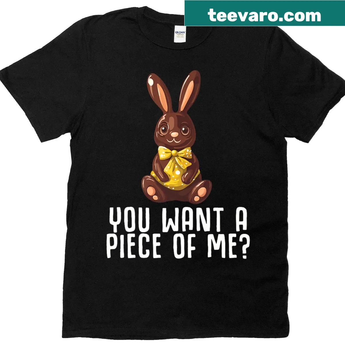 Funny Easter t-shirt featuring a happy bunny holding chocolate. — on a men's t-shirt