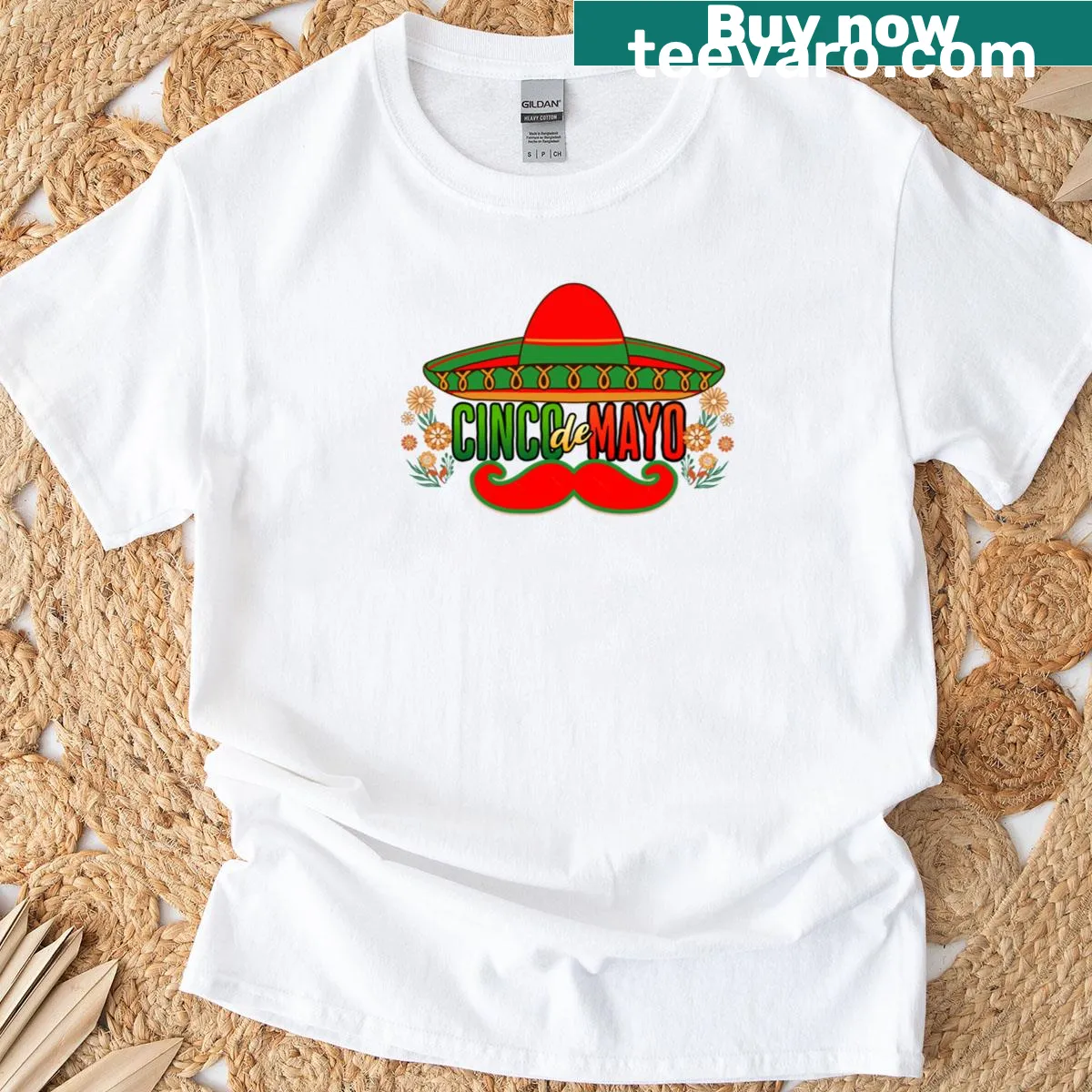Cinco De Mayo T-shirt with mustache and floral elements — on a men's t-shirt