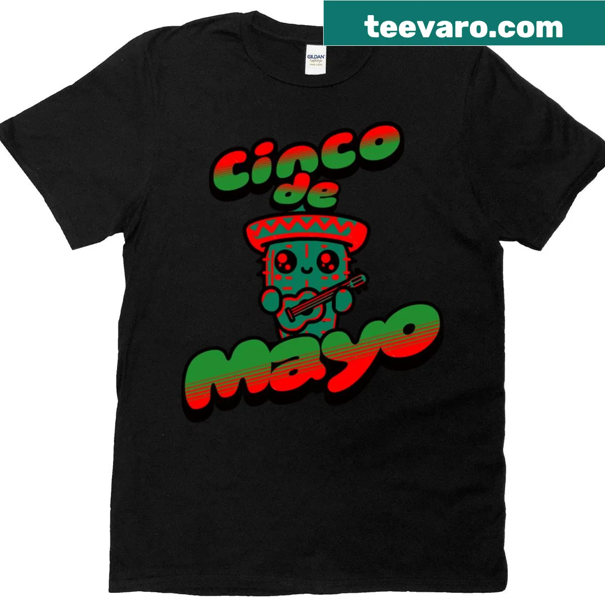 T-shirt featuring a playful cactus holding a guitar for Cinco de Mayo. — on a men's t-shirt