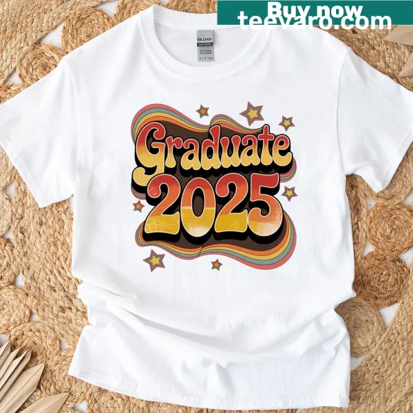 Retro Class of 2025 graduation T-shirt with rainbow design