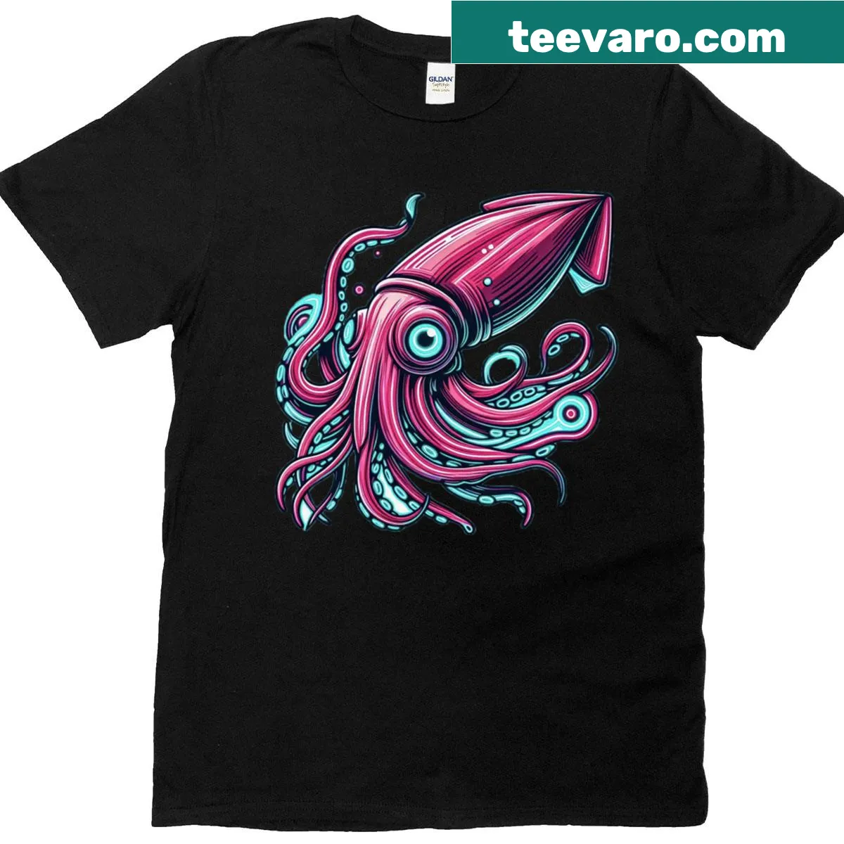 Oversized T-shirt featuring a whimsical colossal squid illustration. — on a men's t-shirt