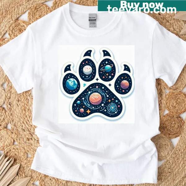 Cosmic paw print design with celestial elements on T-shirt