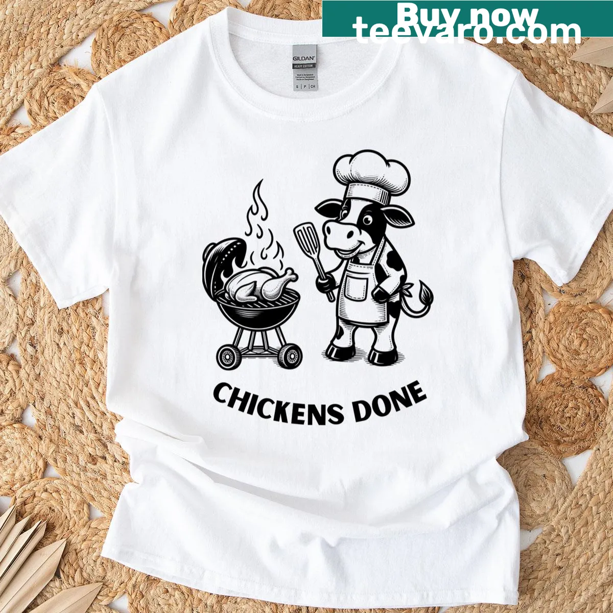 Cow grilling chicken graphic with humorous text — on a men's t-shirt