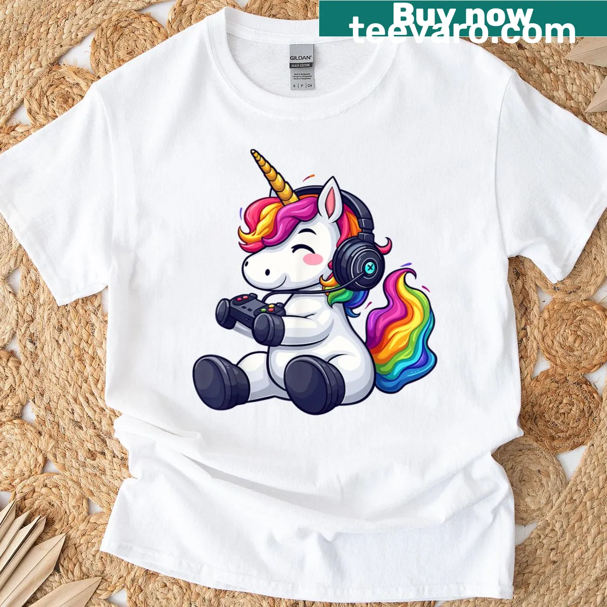 Cartoon unicorn with gaming headset on a t-shirt — on a men's t-shirt