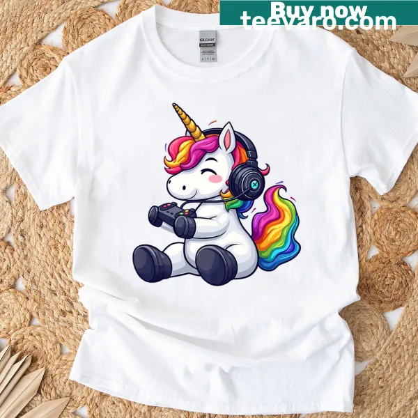 Funny unicorn gaming headset graphic T-shirt