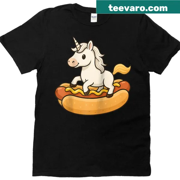 Cute unicorn and hot dog graphic on a raglan tee
