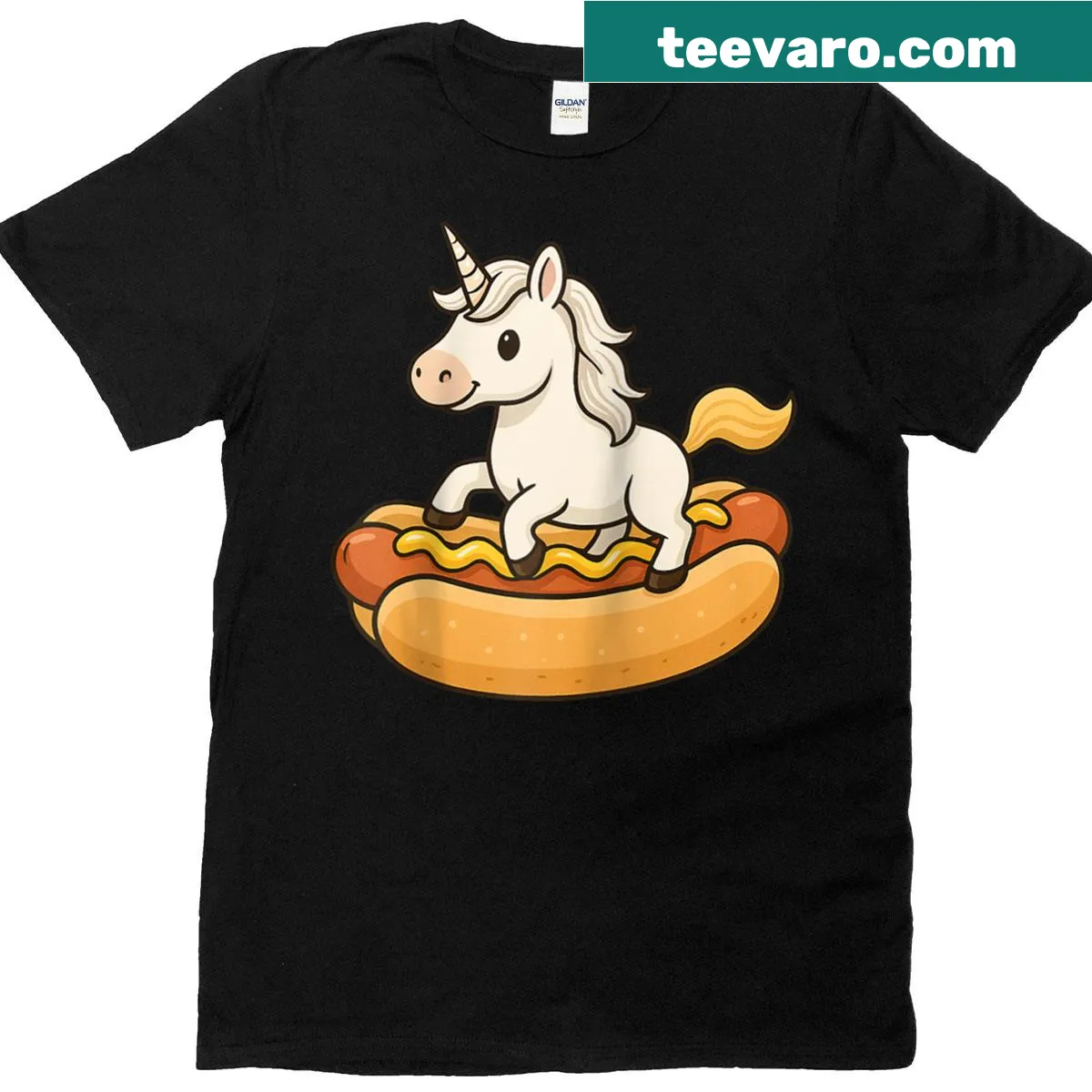 Cute unicorn and hot dog graphic on a raglan tee — on a men's t-shirt
