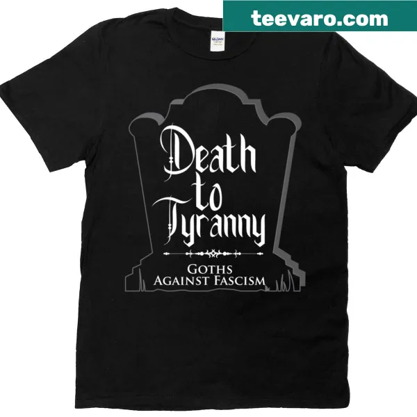 Typography t-shirt with humorous slogan 'D3ath To Tyrnny'
