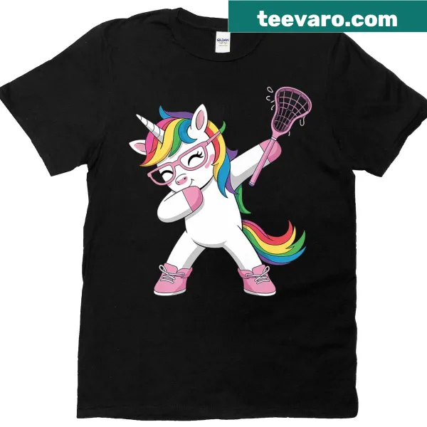 Youth girls' t-shirt featuring a dabbing unicorn design for lacrosse sports.