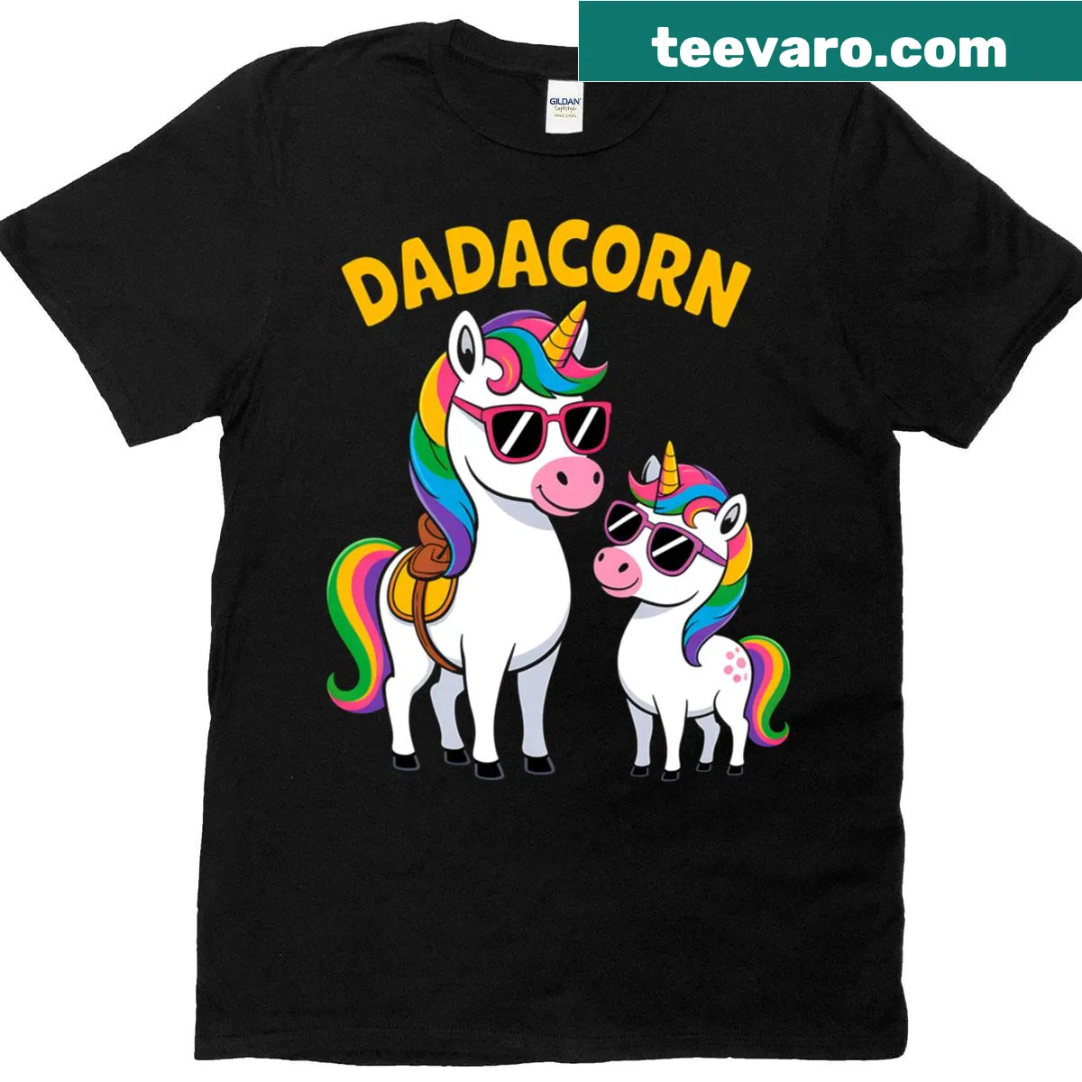 Funny t-shirt featuring a dad unicorn and kid unicorn design for Father's Day. — on a men's t-shirt