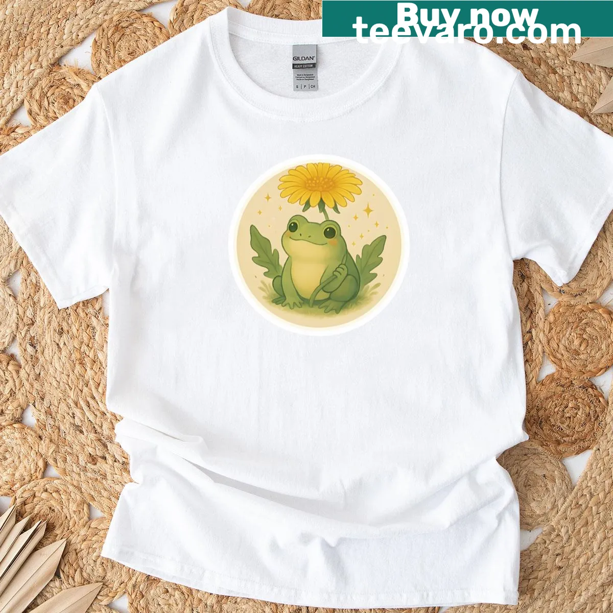 Whimsical frog and dandelion illustration on a nature-themed t-shirt. — on a men's t-shirt