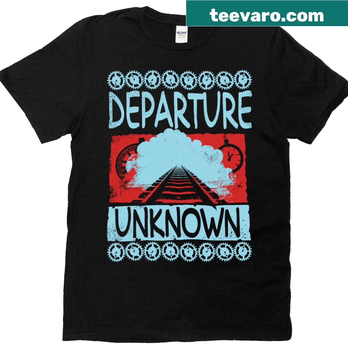 T-shirt with abstract design and 'Departure Unknown' text — on a men's t-shirt