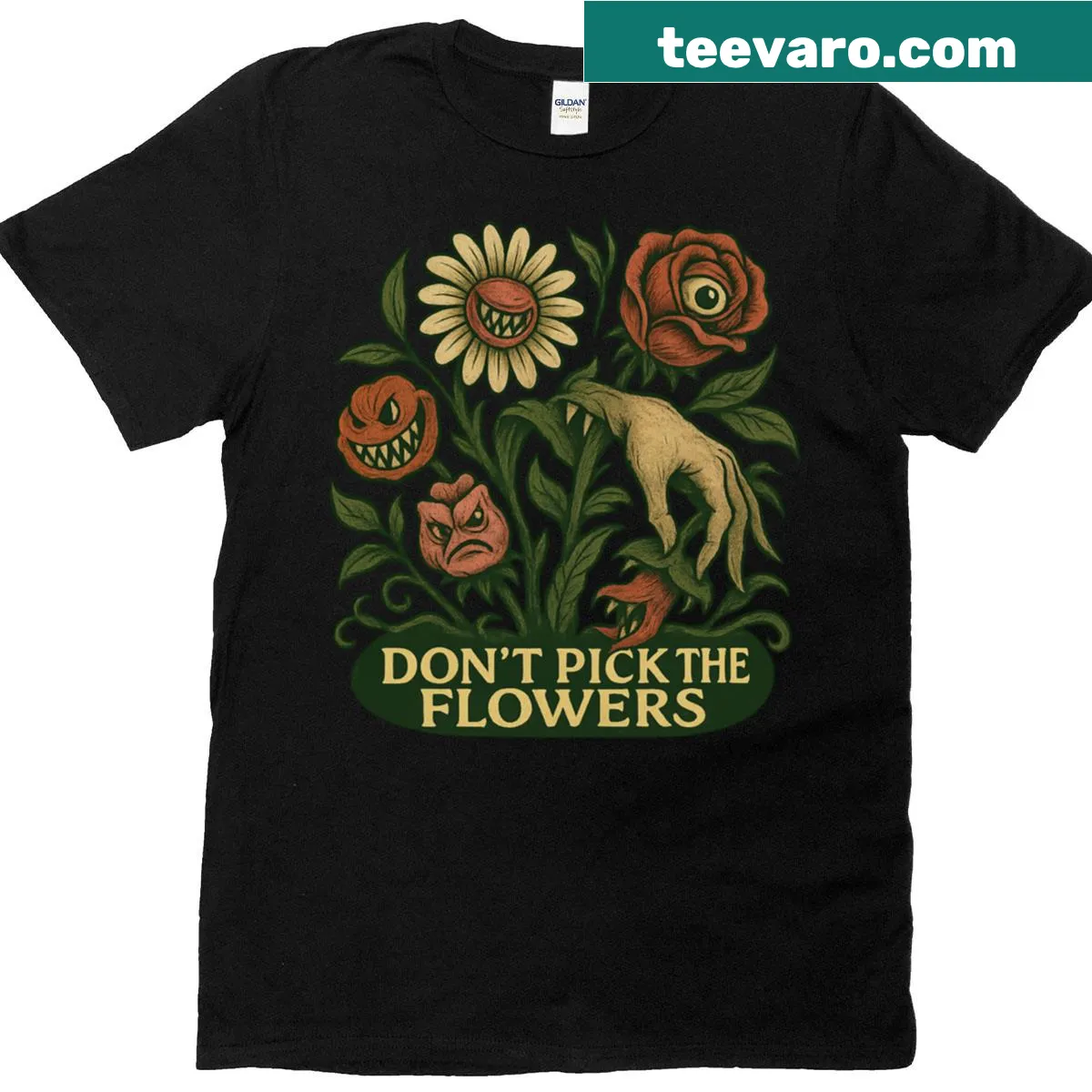 T-shirt with 'Don't Pick The Flowers' text design — on a men's t-shirt