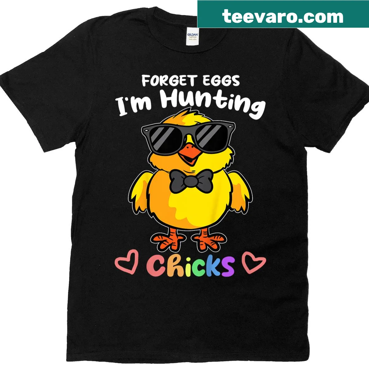 Funny Easter t-shirt for kids with hunting chicks graphic — on a men's t-shirt