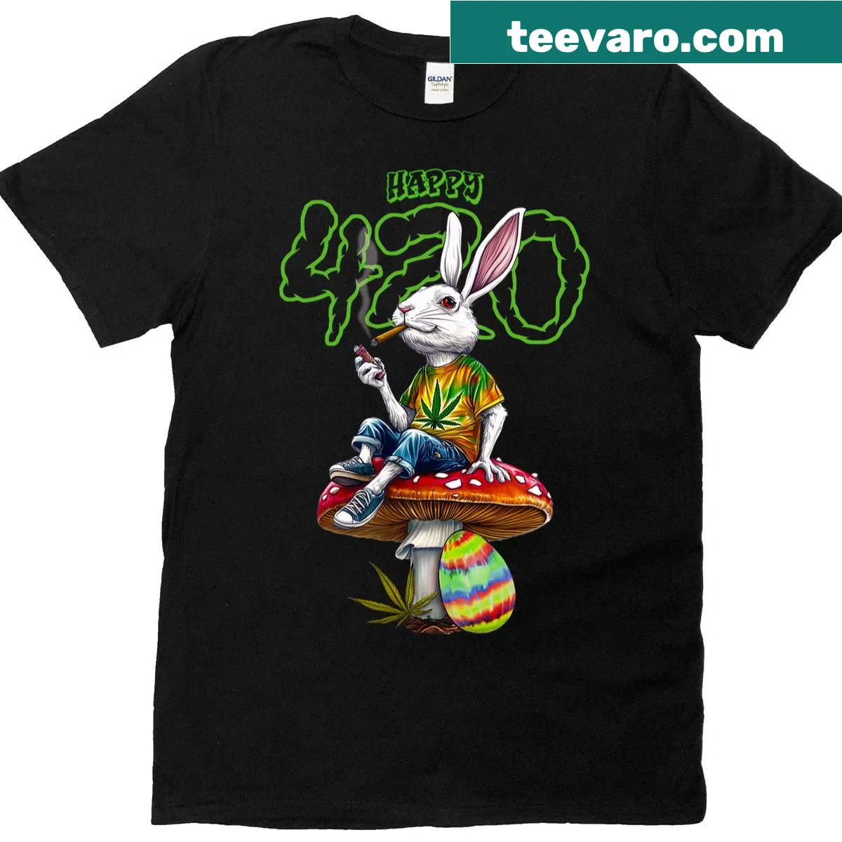 Cartoon Easter Bunny smoking weed graphic T-shirt — on a men's t-shirt