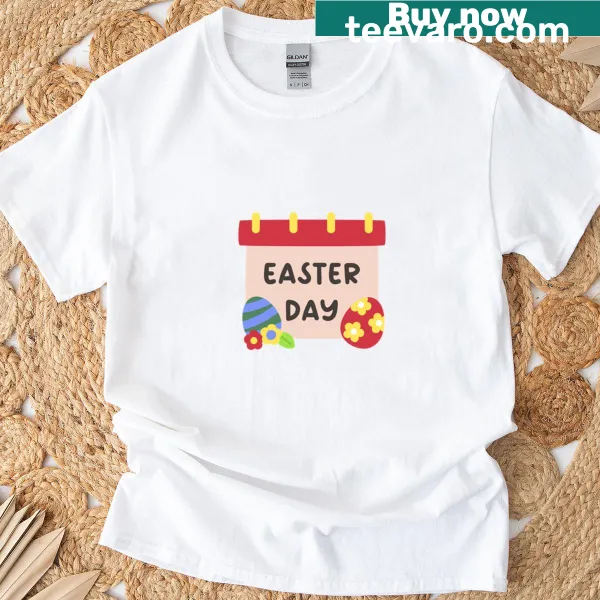 Easter calendar t-shirt featuring decorated eggs and spring themes