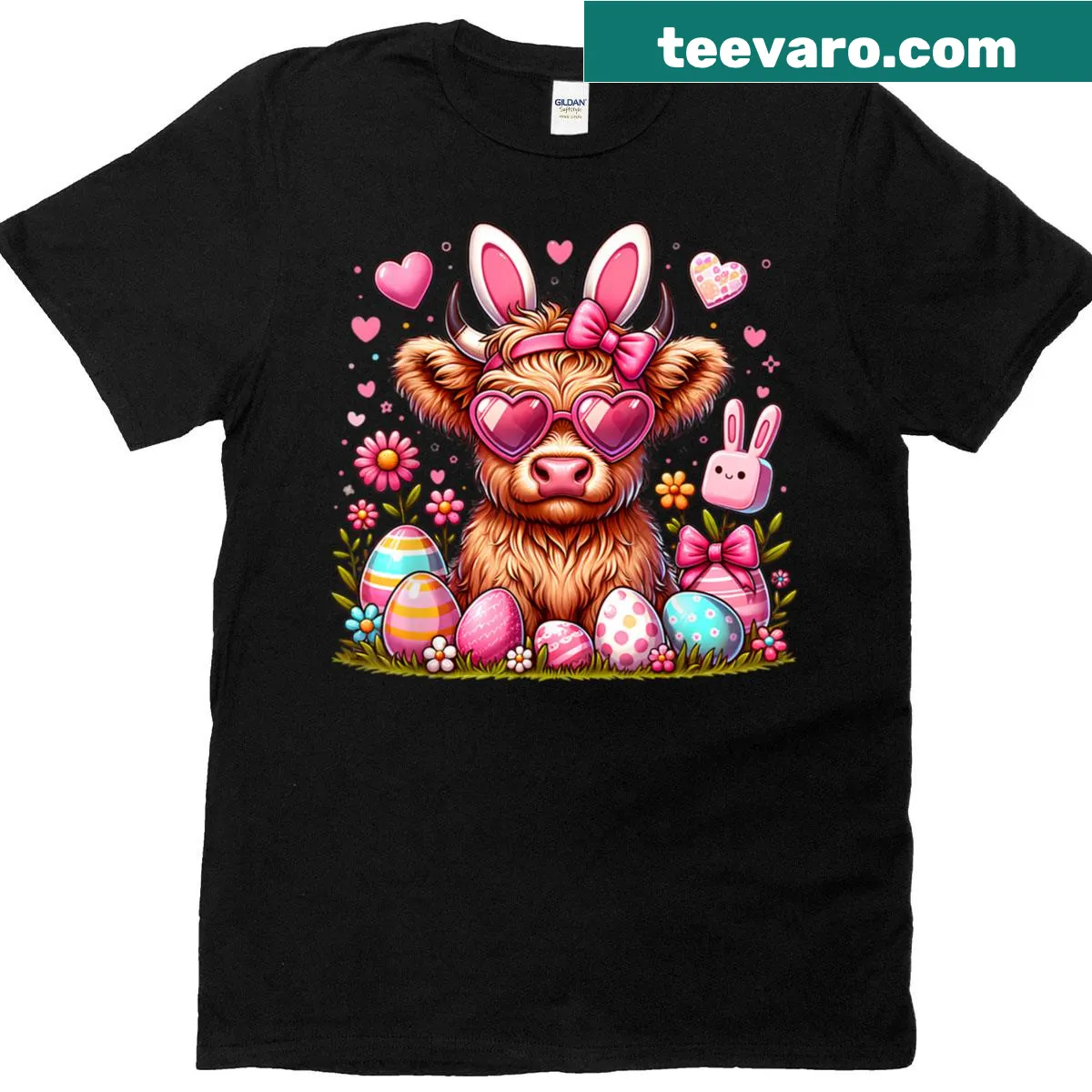 Cute Highland cow and bunny graphic on an Easter t-shirt — on a men's t-shirt