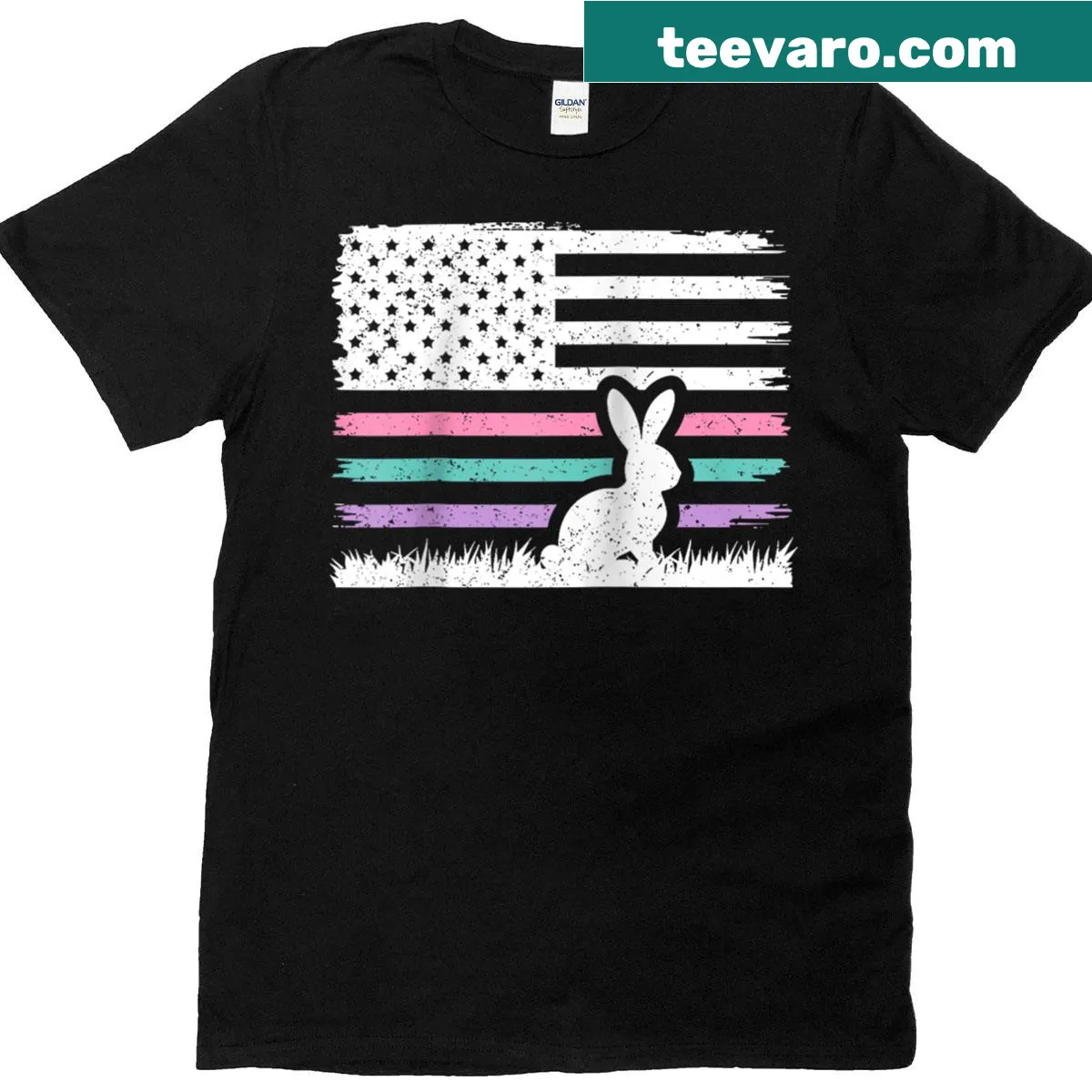 Easter bunny design with American flag on a baseball tee T-shirt — on a men's t-shirt