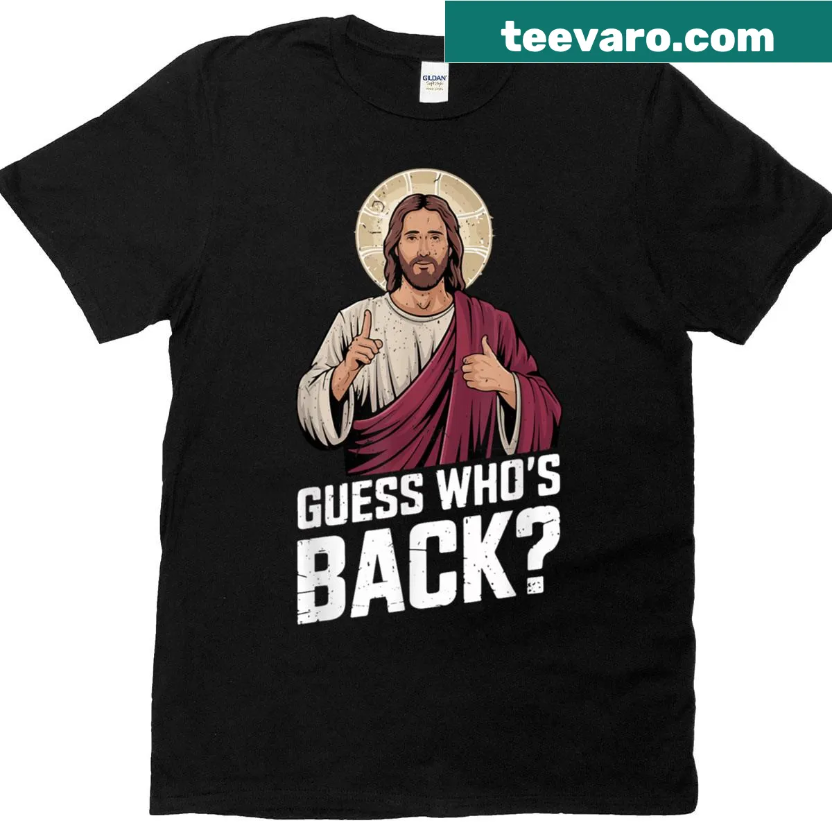 Funny Easter T-shirt with the text 'Guess Who's Back Again' — on a men's t-shirt