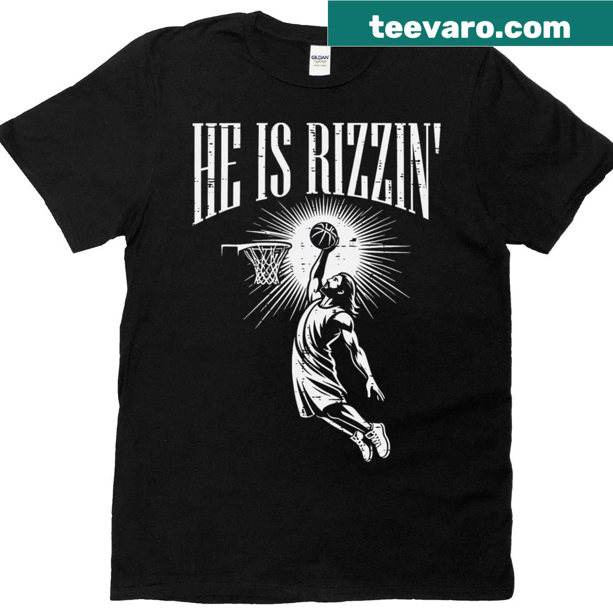 Easter T-shirt with playful phrase 'He Is Rizzin' — on a men's t-shirt