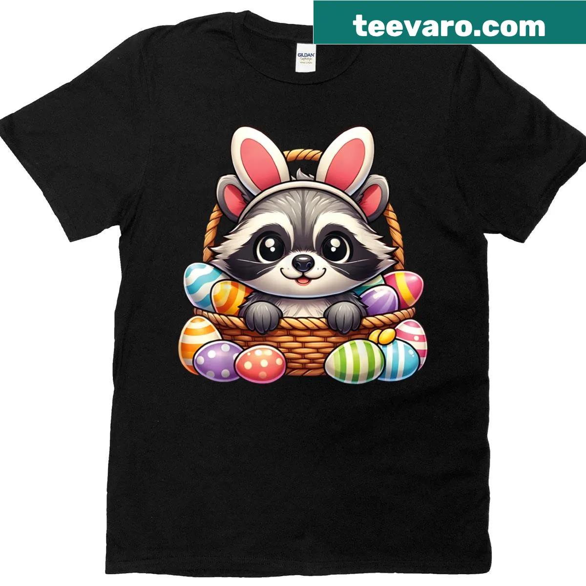 Cute raccoon with bunny ears and eggs T-shirt — on a men's t-shirt
