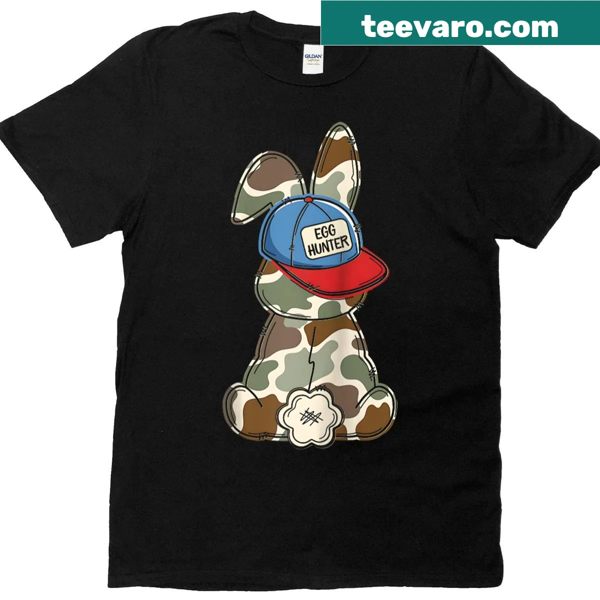 Kids raglan baseball tee with an egg hunter bunny wearing a cap — on a men's t-shirt