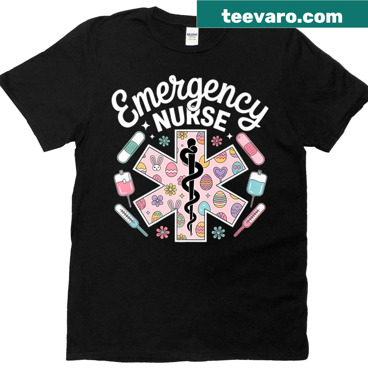Premium t-shirt with a bunny nurse celebrating Easter in an emergency department — on a men's t-shirt