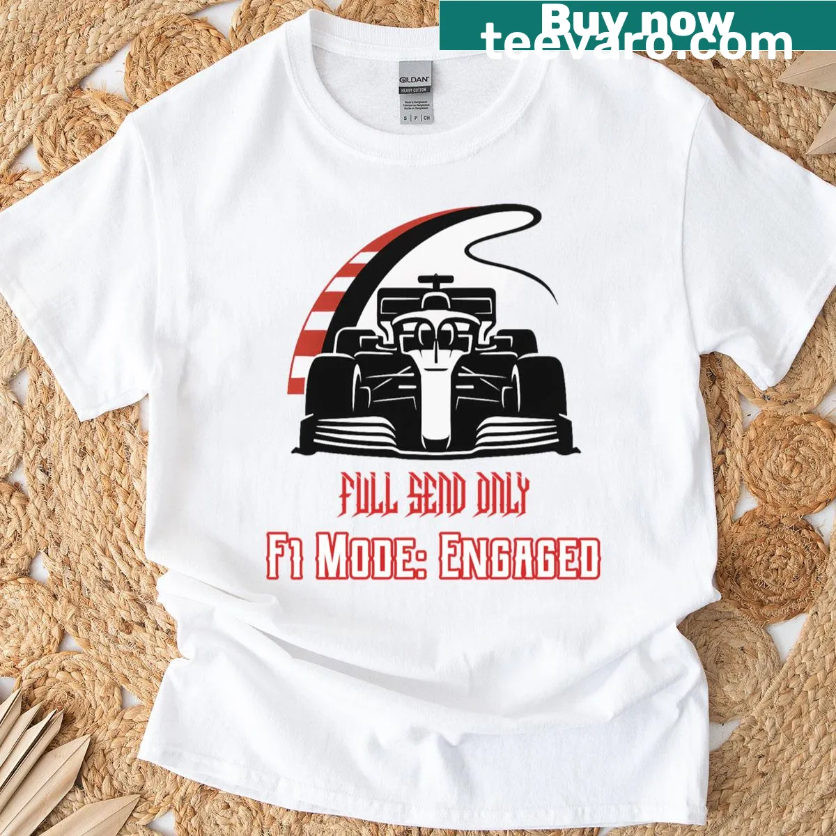 Playful graphic on F1 racing-themed T-shirt with 'Full Send' text — on a men's t-shirt