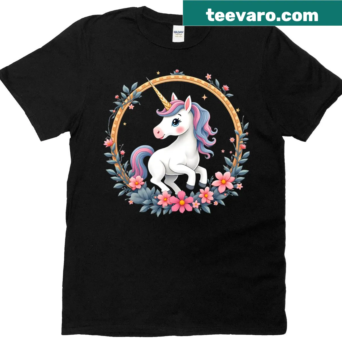 Unicorn in floral wreath design on a premium T-shirt — on a men's t-shirt