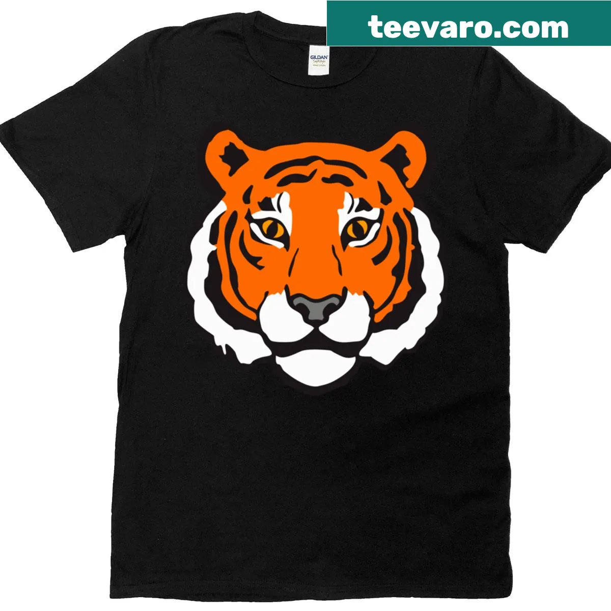 Bold illustration of a tiger's face on an oversized t-shirt — on a men's t-shirt