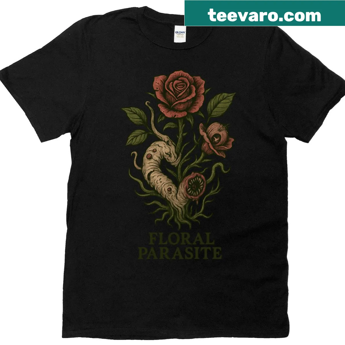 Oversized t-shirt featuring a whimsical floral parasite illustration — on a men's t-shirt