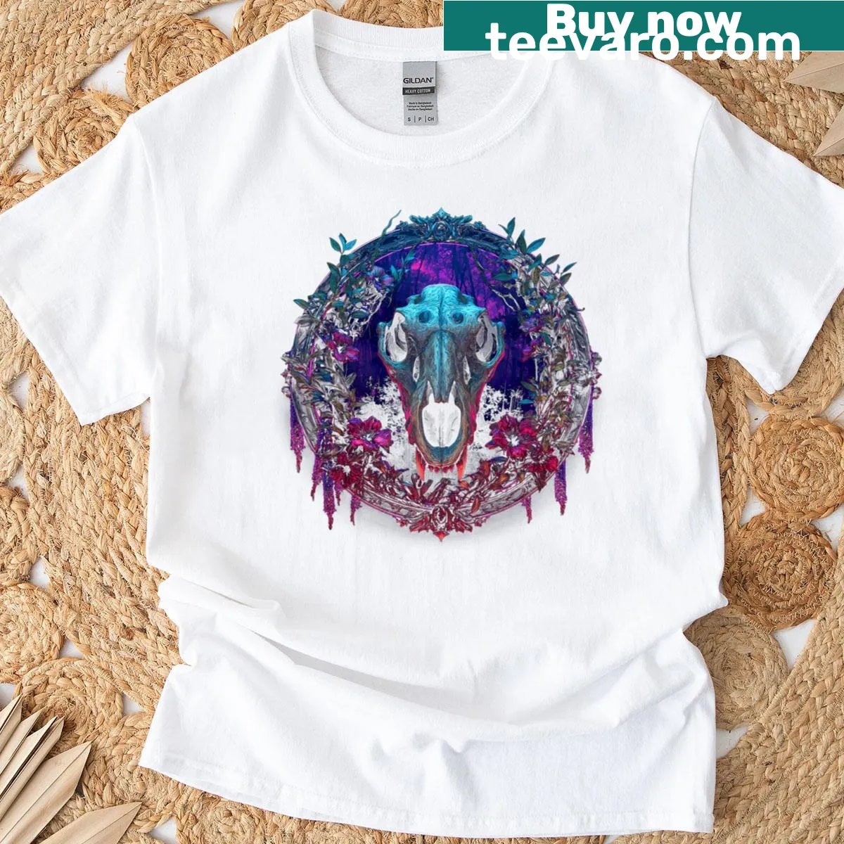 Abstract floral wreath skull design on casual T-shirt — on a men's t-shirt