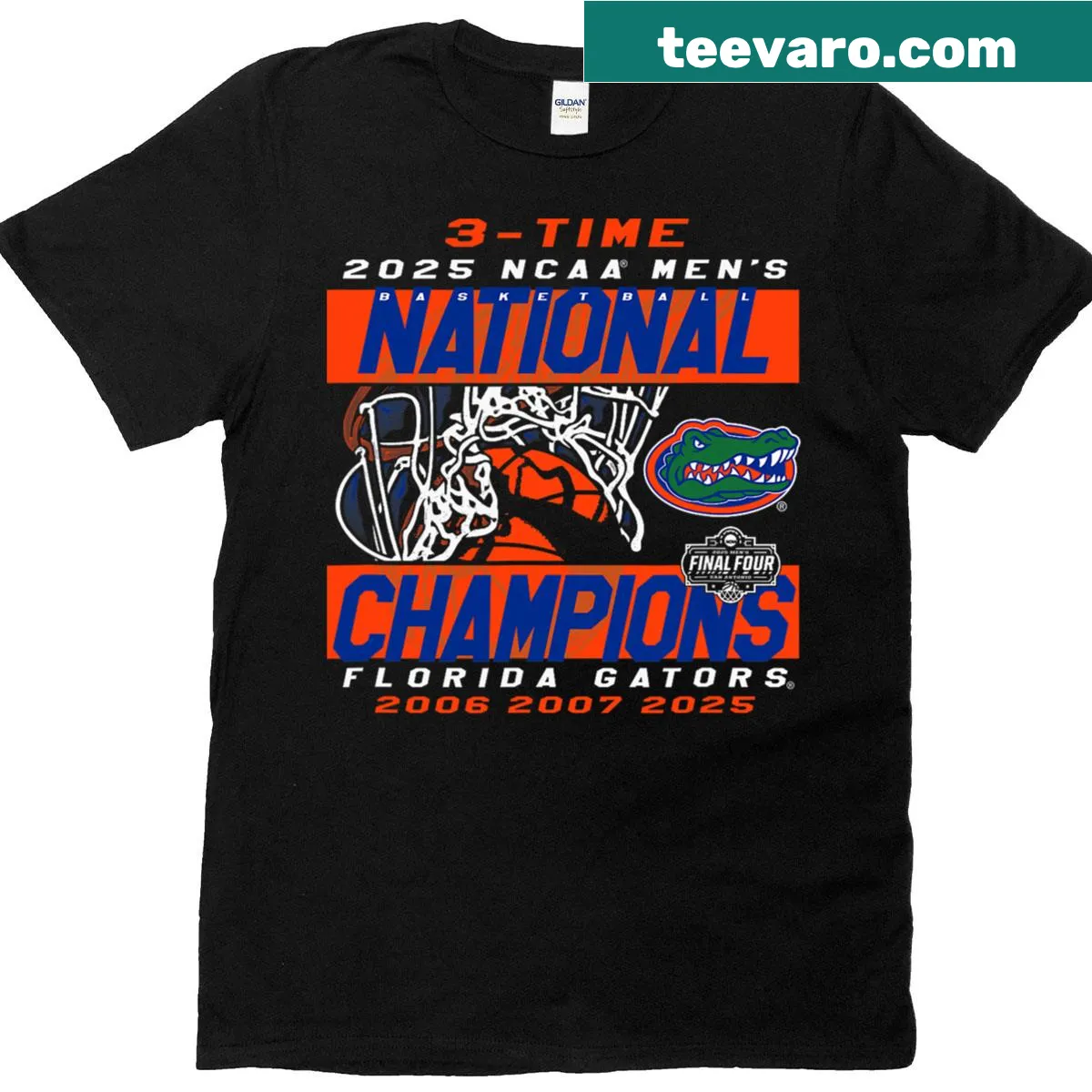 Vintage-style black t-shirt with Florida Gators championship logo — on a men's t-shirt