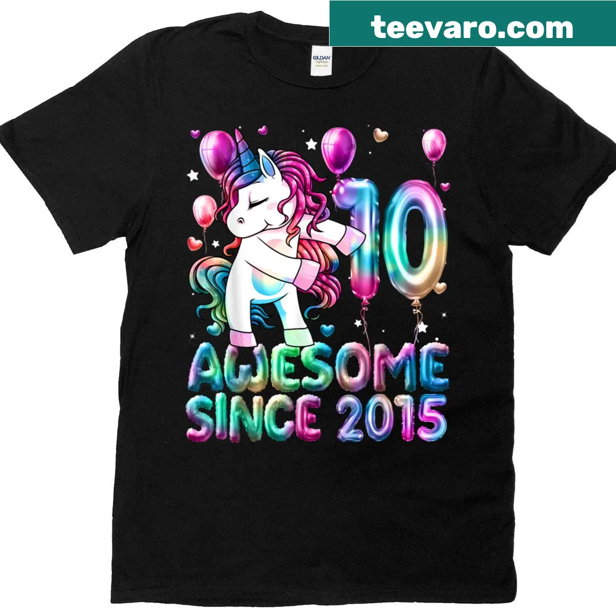 Cute unicorn flossing design for a 10-year-old's birthday T-shirt — on a men's t-shirt
