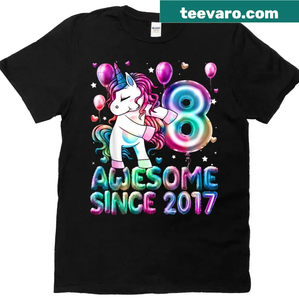 Playful unicorn flossing design for an 8-year-old's birthday T-shirt