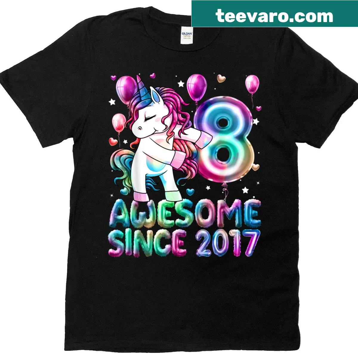 Playful unicorn flossing design for an 8-year-old's birthday T-shirt — on a men's t-shirt